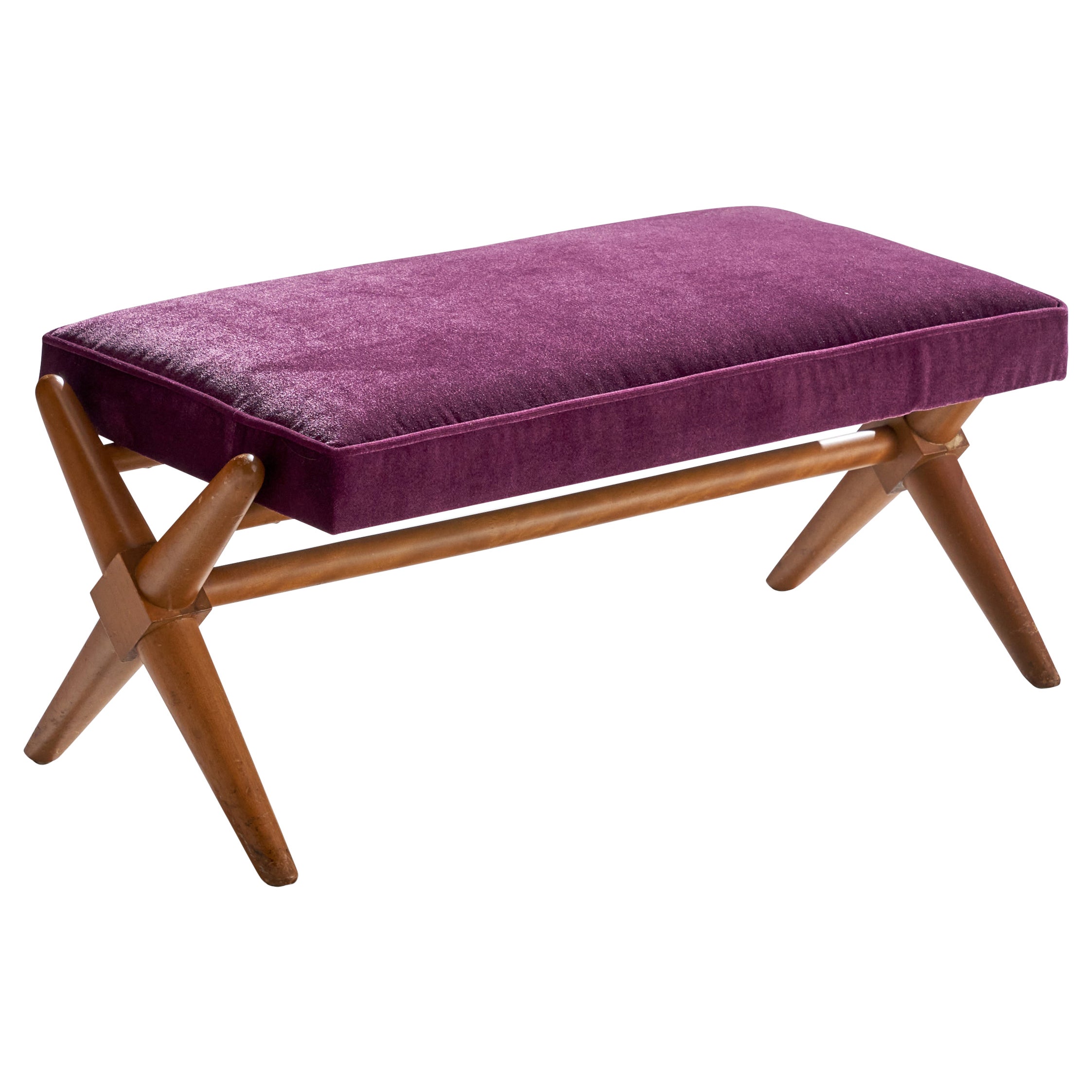 T.H. Robsjohn-Gibbings, Bench, Walnut, Velvet, USA, 1950s