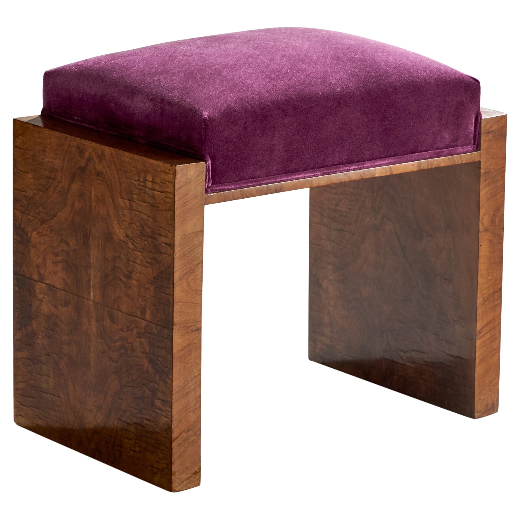 Italian Designer, Stool, Burl Wood, Velvet, Italy, 1930s For Sale