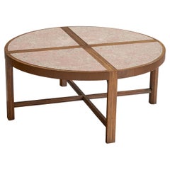 Couchtisch von Tommi Parzinger, Nussbaum, Travertin, USA, 1950er Jahre