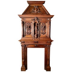 Antique French Renaissance Revival Carved Walnut Mantel, Circa 1880.