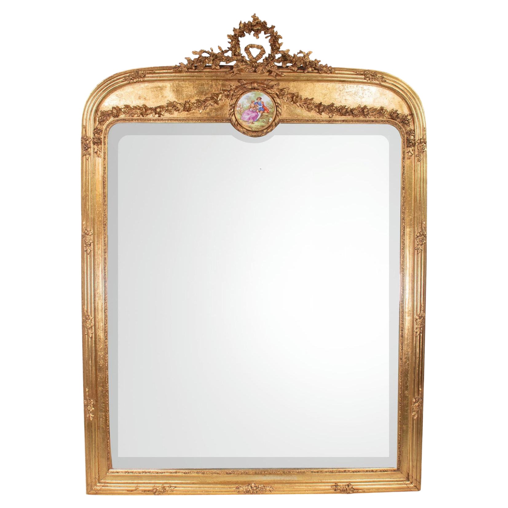 Tall Early 20th Century French Giltwood Mirror with Porcelain Plaque
