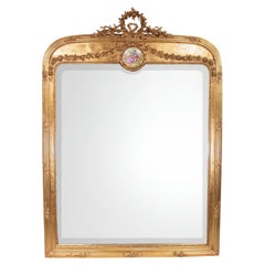 Tall Early 20th Century French Giltwood Mirror with Porcelain Plaque