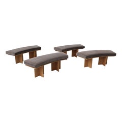 Frank Lloyd Wright Inspired Curved Oak Benches w/ Velvet Cushions