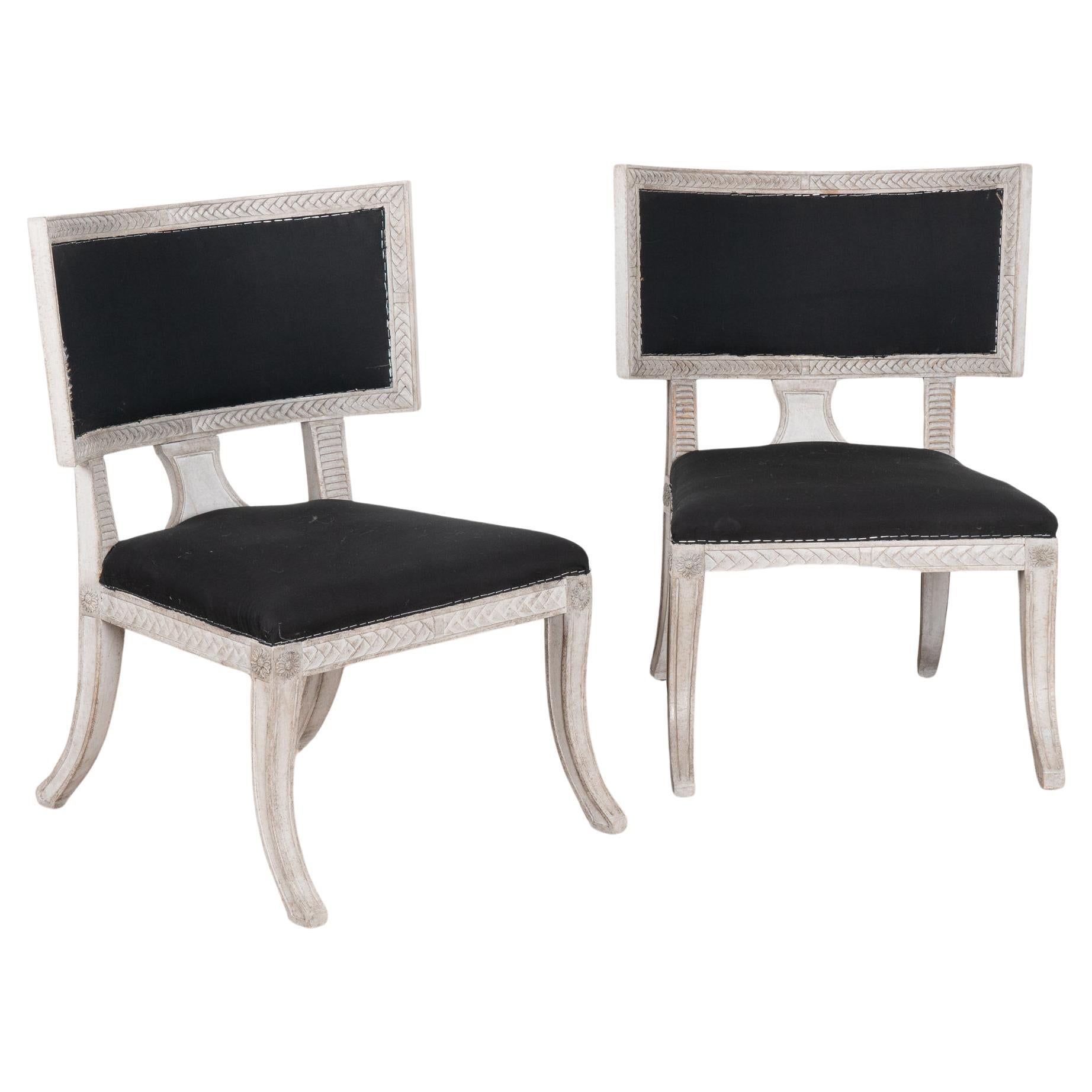 Pair, Carved Gray Painted Swedish Gustavian Side Chairs, Circa 1840-60