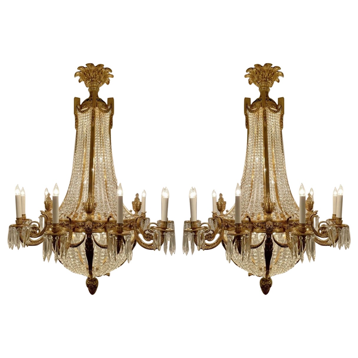 Pair Estate French Cut Crystal & Ormolu Bronze Chandeliers, Circa 1940-1950.