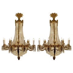 Pair Estate French Cut Crystal & Ormolu Bronze Chandeliers, Circa 1940-1950.