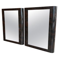 Vintage Pair of Mid Century Modern Dark Burl Wood Laminate Wall Mirrors