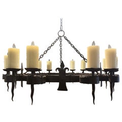 19th Century French Wrought Iron Twelve-Light Chandelier with Fleurs-de-Lys