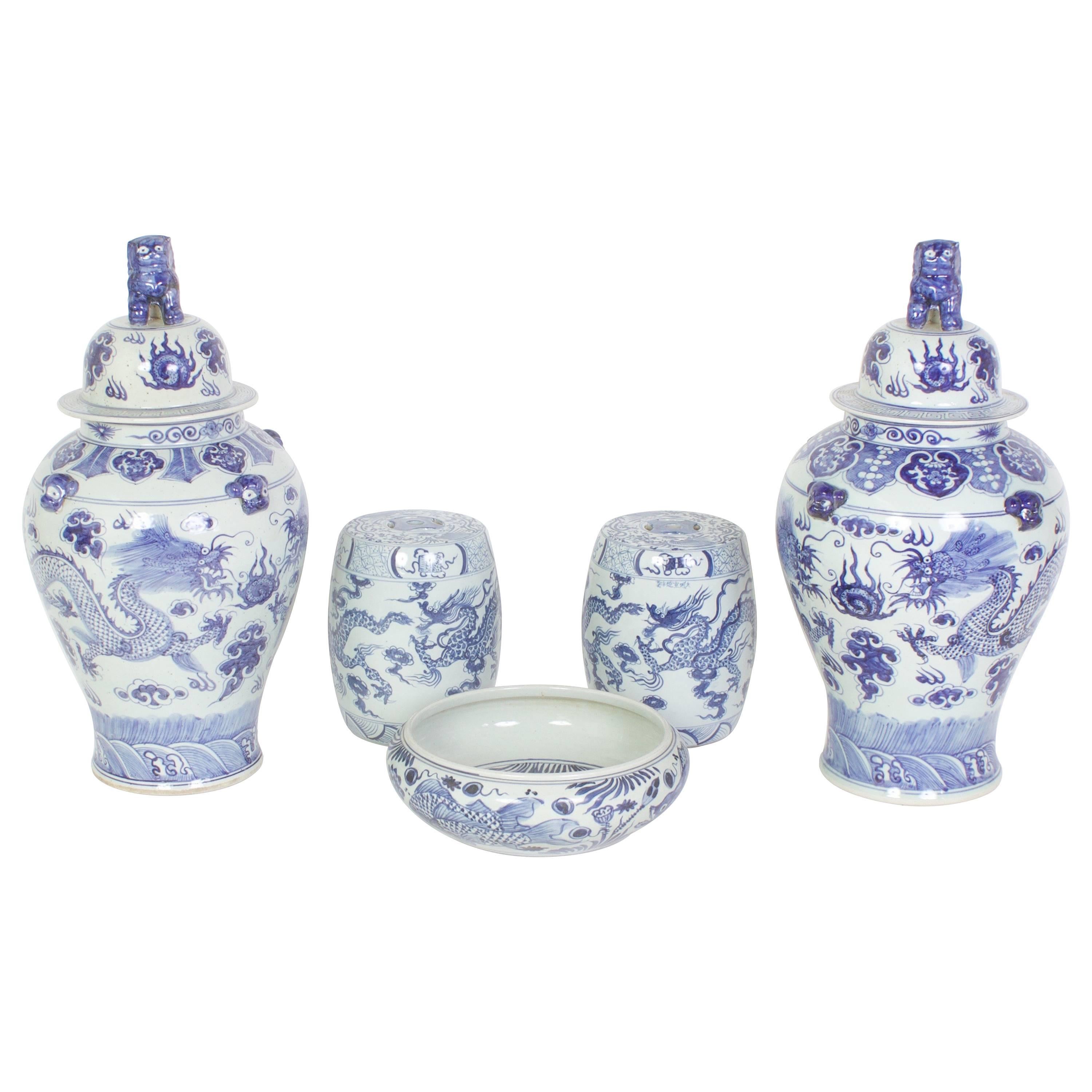 Pair of Chinese Export Lidded Jars, Two Miniature Garden Stools and a Bowl