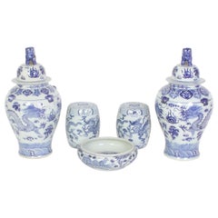 Vintage Pair of Chinese Export Lidded Jars, Two Miniature Garden Stools and a Bowl