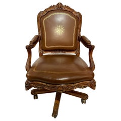 Antique French Carved Walnut Leather Covered Desk Chair, Circa 1900.