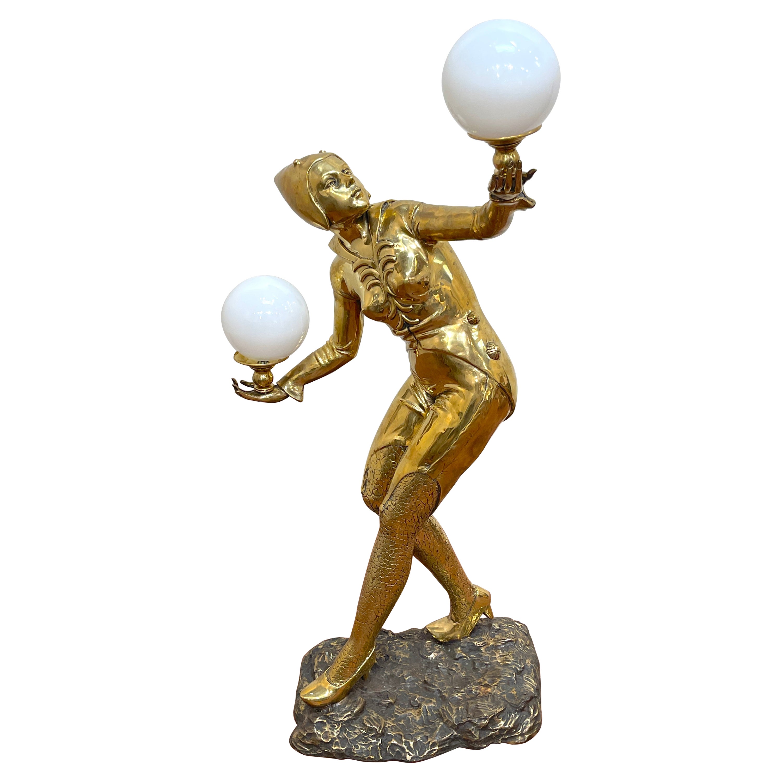 Sculpture française Art Déco Moulin Rouge/ Flapper balancier avec boules éclairées