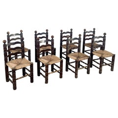 Mid Century Charles Dudouyt Oak & Rush Seat Ladder-Back Chairs, France 1940s
