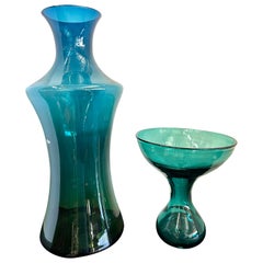2 Piezas Grandes de Vidrio Azul Verde Turquesa Firmadas Blenko