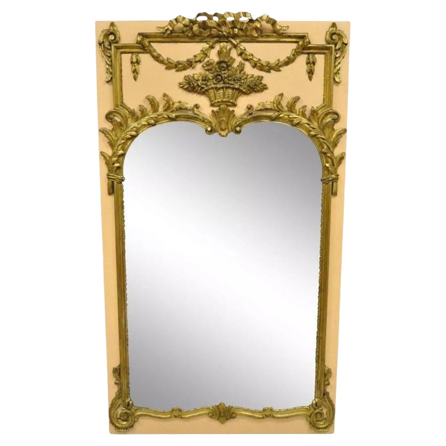 Antique French Louis XV Style Large Peach & Gold Giltwood Trumeau Wall Mirror