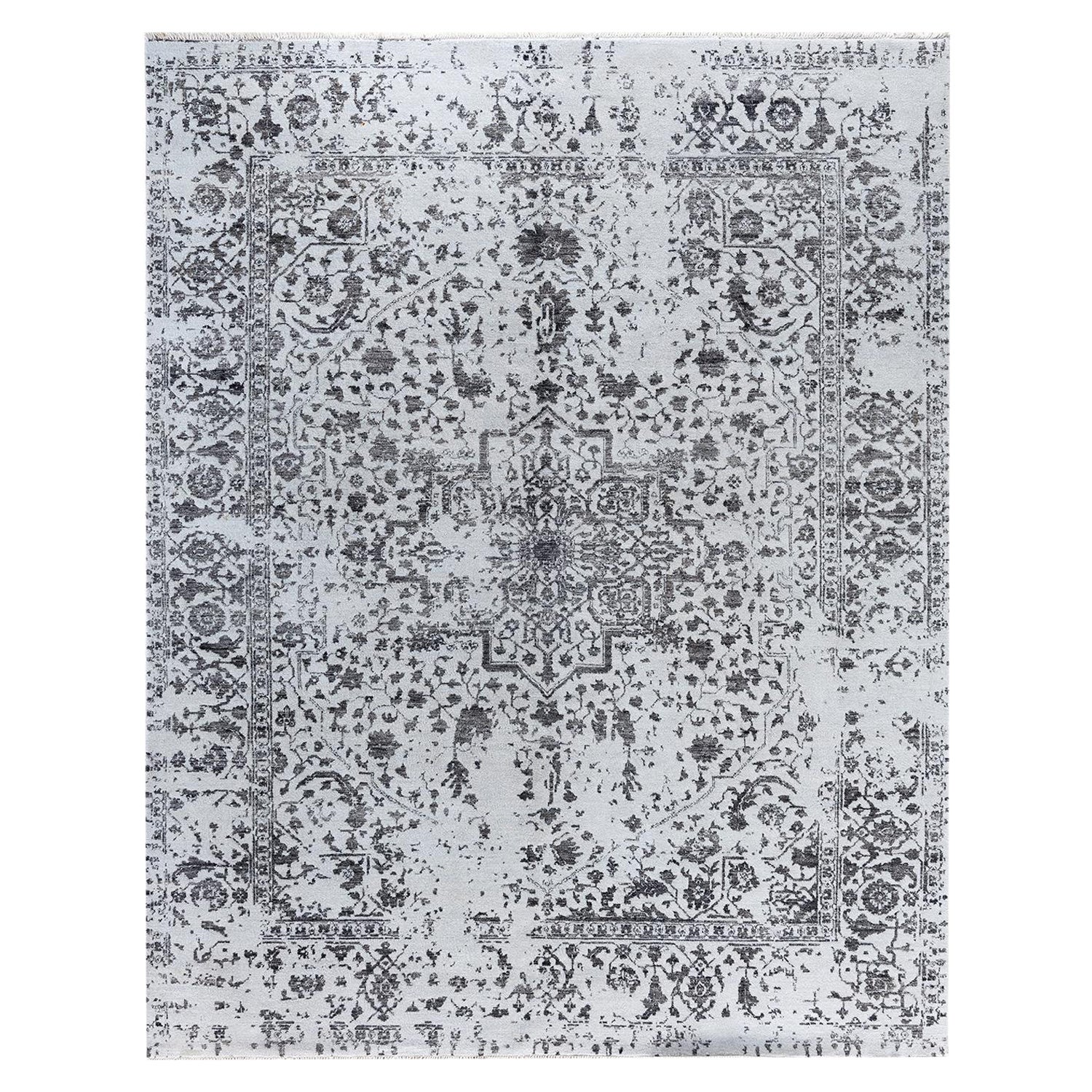 Tappeto tradizionale Ikat annodato a mano in seta astratta e lana, grigio, 8' 1" x 10' 2".