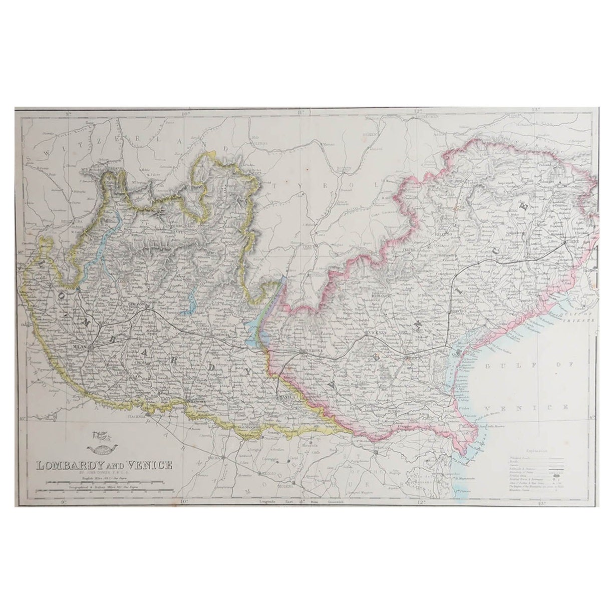 Large Original Antique Map of Lombardy and Venice, Italy. John Dower, 1861