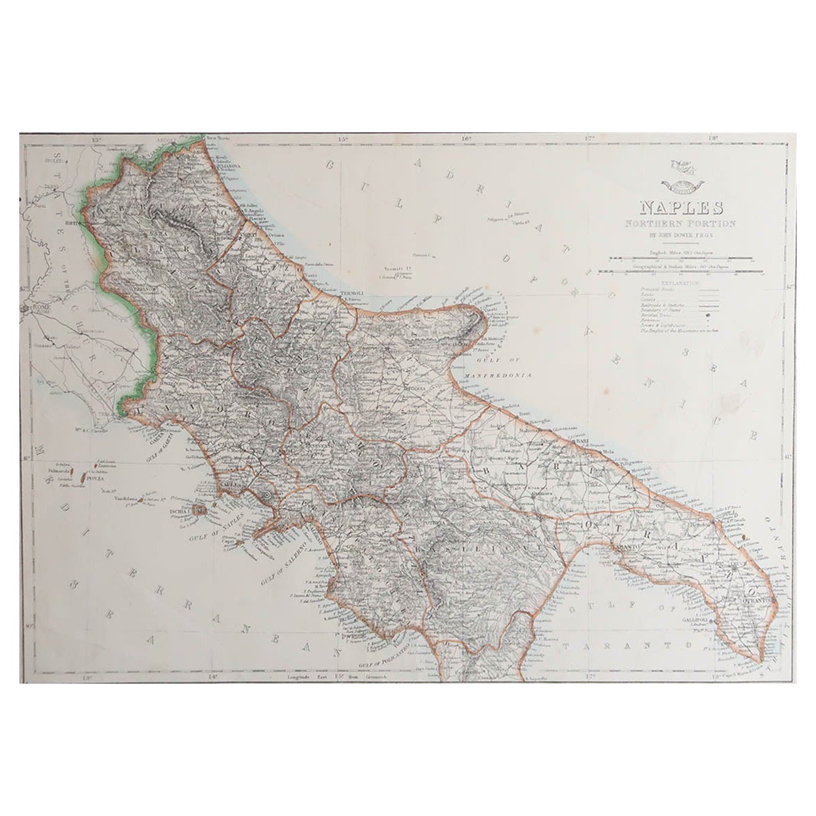 Large Original Antique Map of The South of Italy. John Dower, 1861