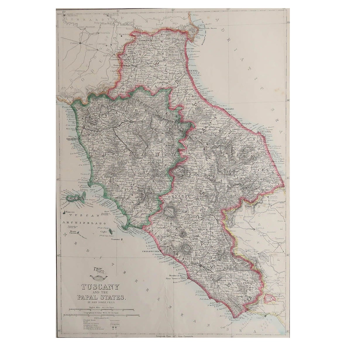 Large Original Antique Map of Tuscany / Toscana, Italy. John Dower, 1861
