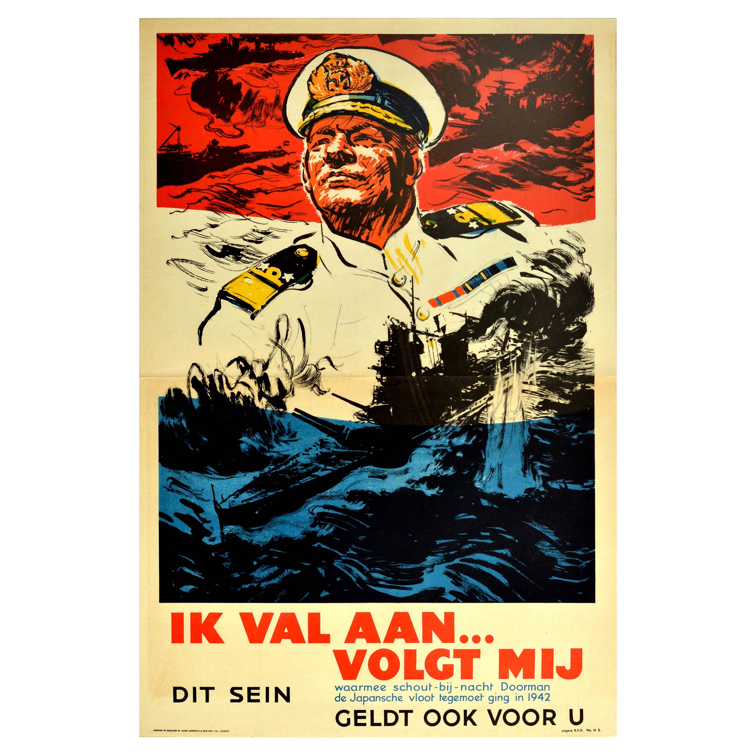 Poster di guerra originale d'epoca della Marina Militare Olandese delle Indie Orientali, seconda guerra mondiale, recluta della flotta giapponese