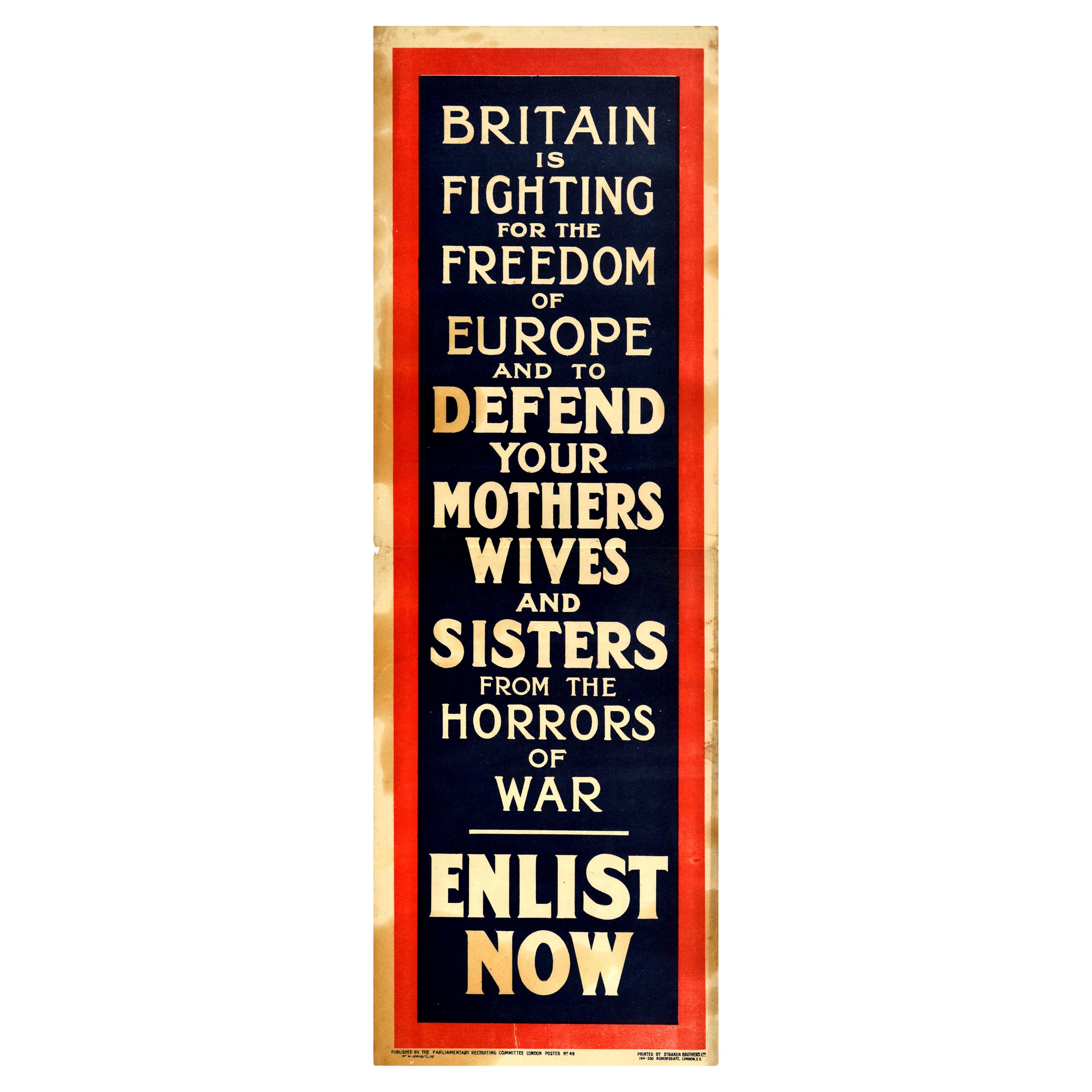 Original Antique WWI Recruitment Poster Britain Fighting For Freedom Of Europe