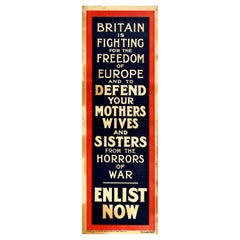 Original Antiguo Cartel de Reclutamiento de la Primera Guerra Mundial Gran Bretaña Lucha por la Libertad de Europa