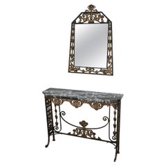 Iron and Bronze Hammered Console Entry Marble-Top Table with Mirror