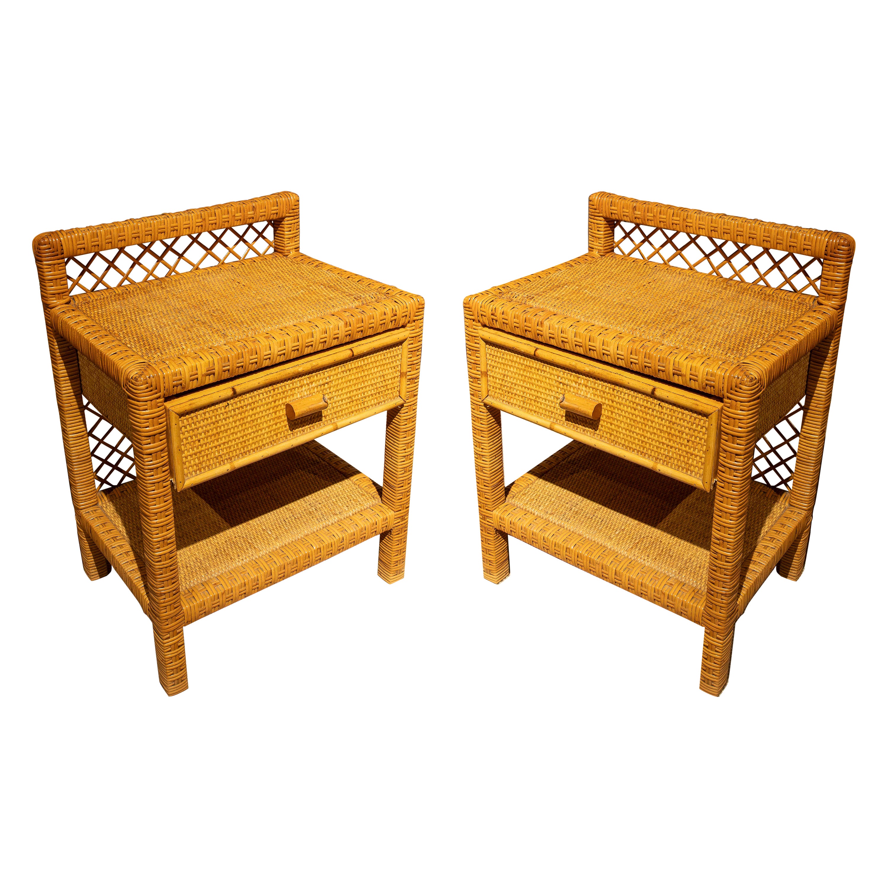 1970s Pair of Bamboo and Wicker Bedside Tables with One Drawer