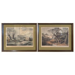 Paire d'estampes colorées anglaises du 19ème siècle encadrées de paon et de pichet de chasse