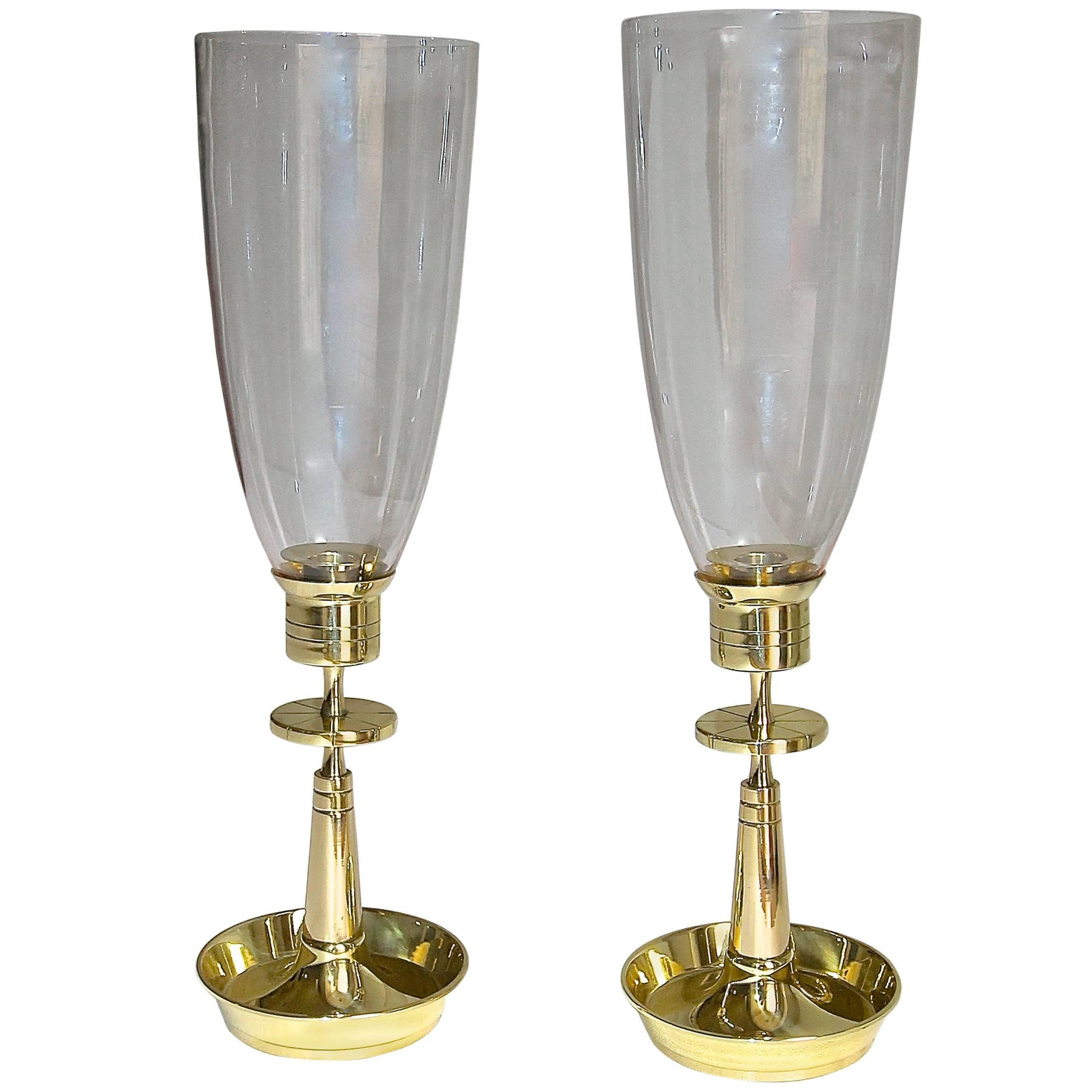 Pair of Tommi Parzinger Brass Hurricane Glass Candlesticks