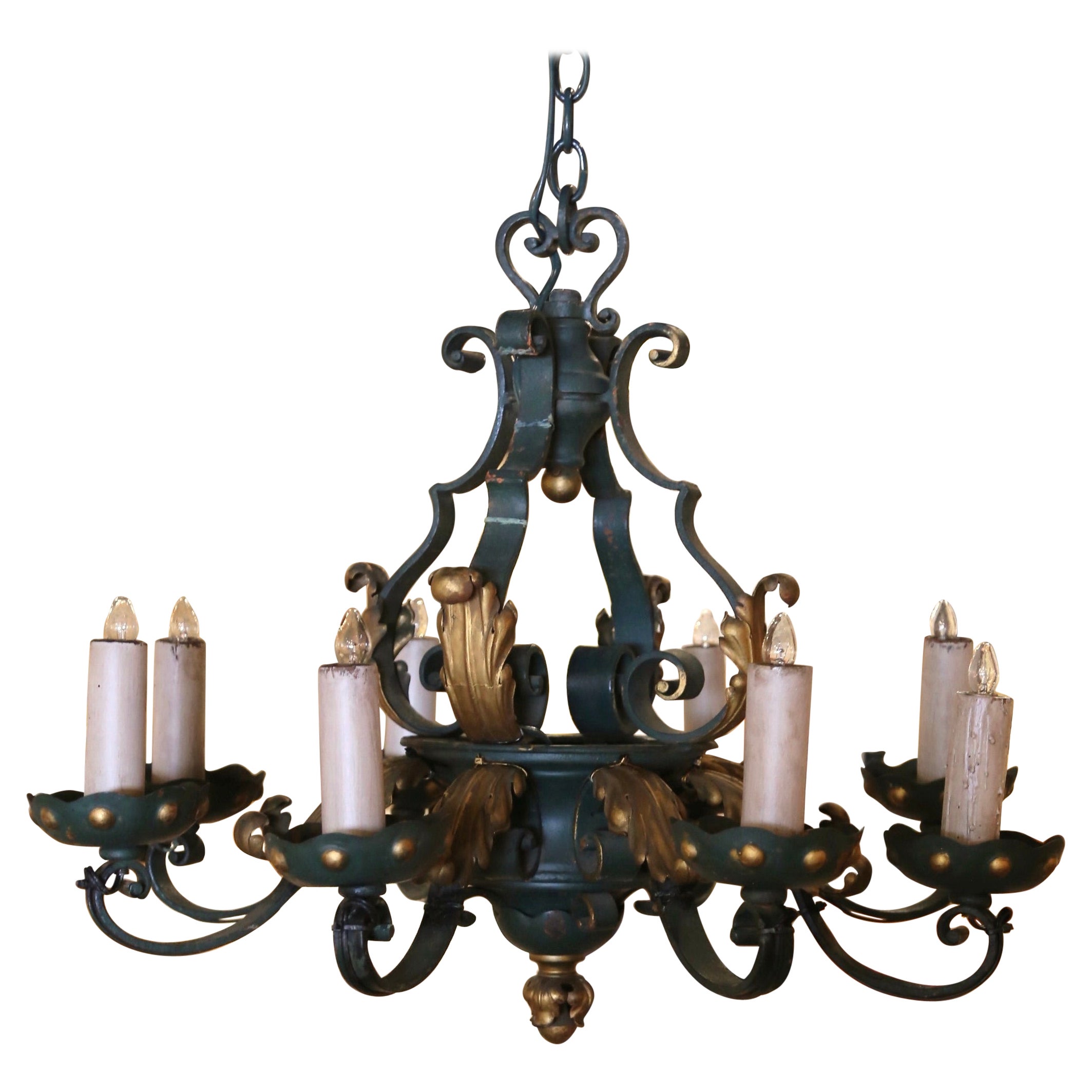 Early 20th Century French Louis XV Painted & Gilt Eight-Light Iron Chandelier