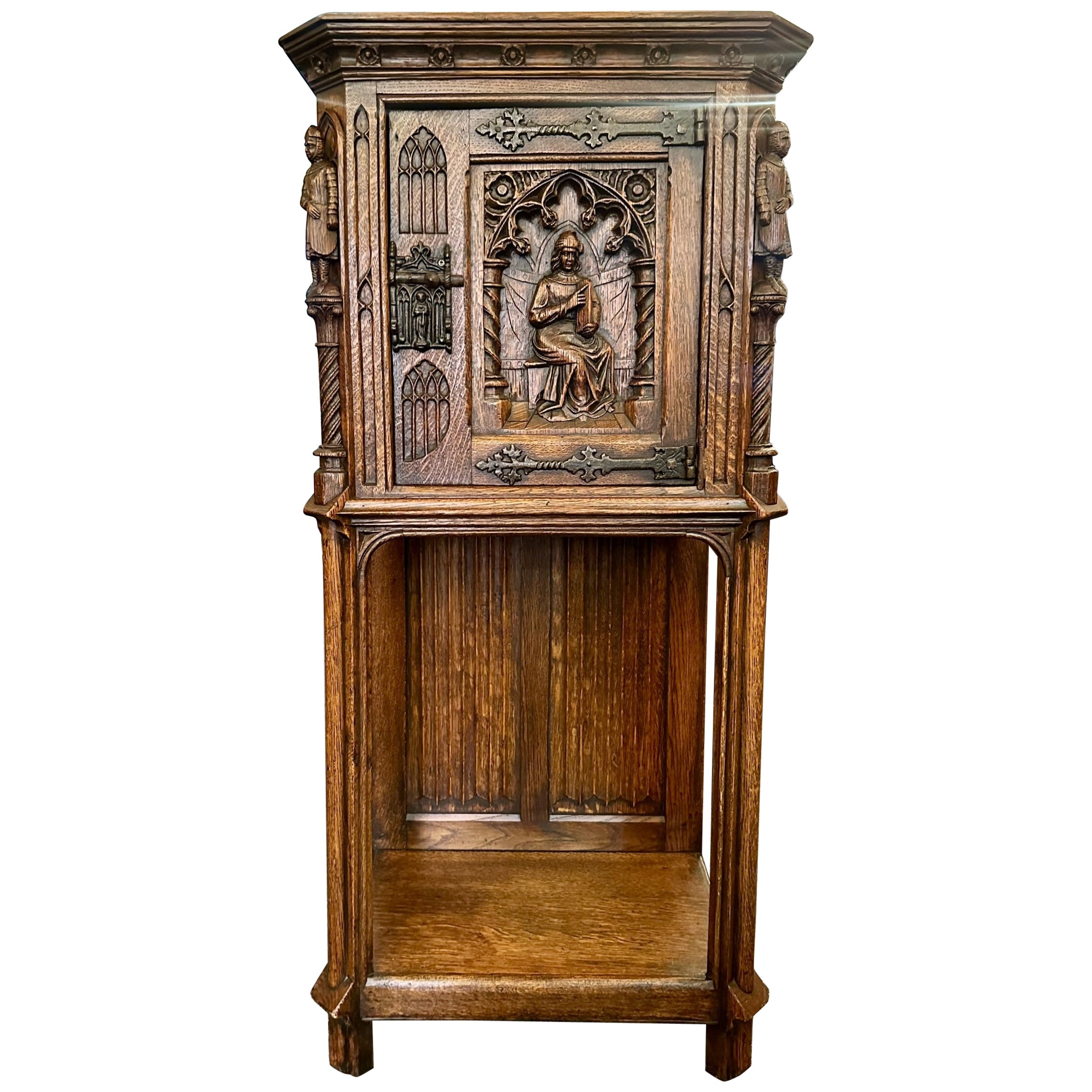 Antique English Gothic Carved Oak Single Door Cabinet, Circa 1870's.