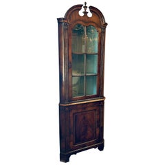Antique English Walnut Glass Front Corner Cabinet, Circa 1890-1910.
