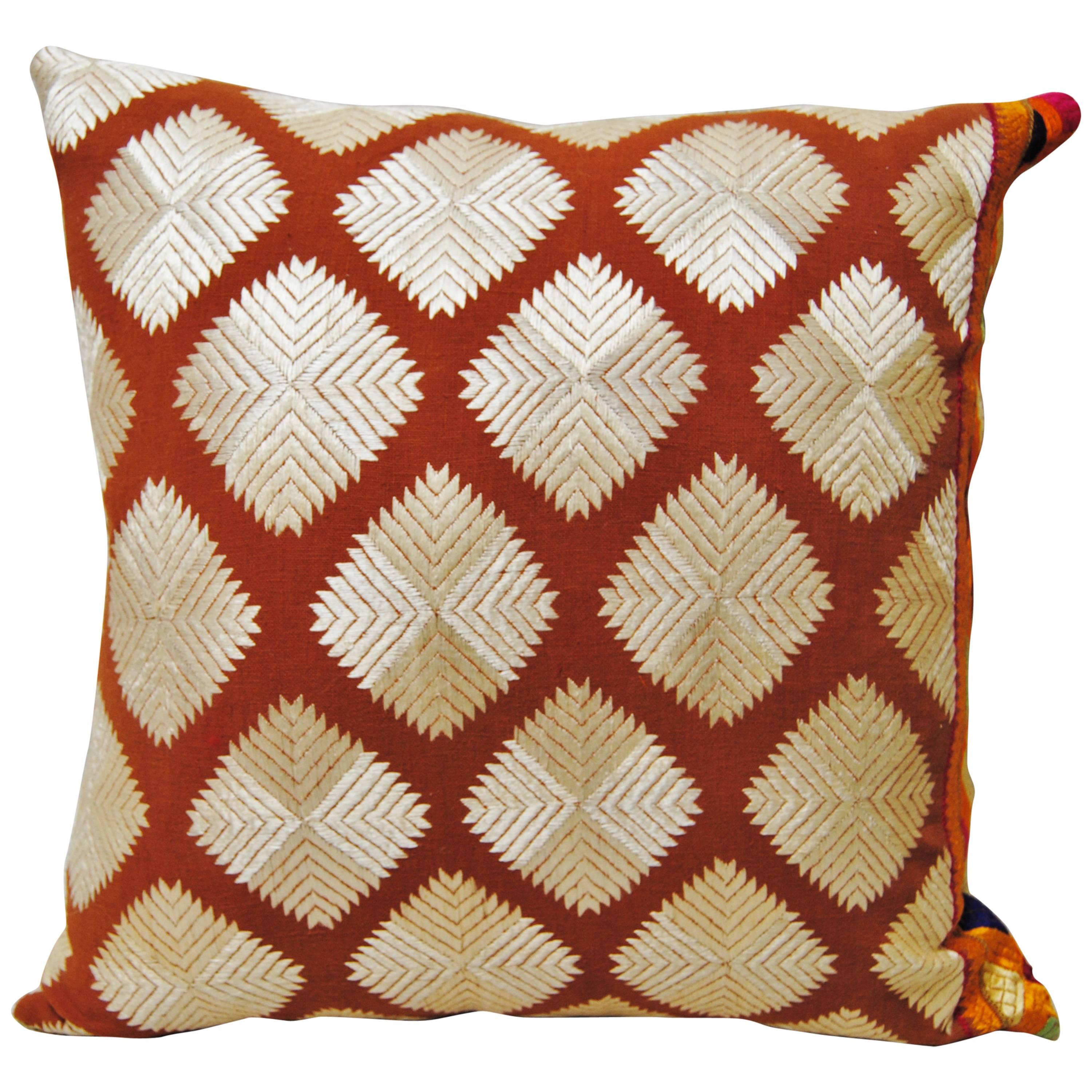 Custom Pillow Cut from a Vintage Phulkari Wedding Shawl from Punjab, India For Sale