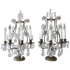 Antique Exquisite Lyre Shaped Ormolu Crystal Girandole Lamps