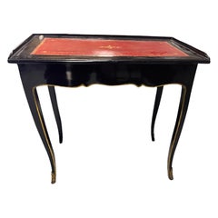 Louis XV Black Lacquer Painted Table Tooled Patinated Leather and Gilt Ormolu