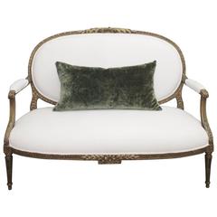 19th Century Giltwood Settee in Belgian Linen