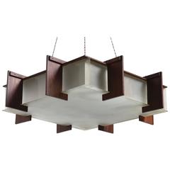Japanese Style Square Wood Frame and Glass Chandelier