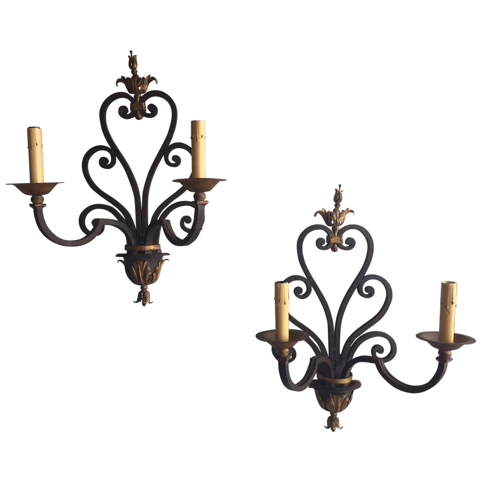 Pair of French Two-Arm Iron Sconces For Sale