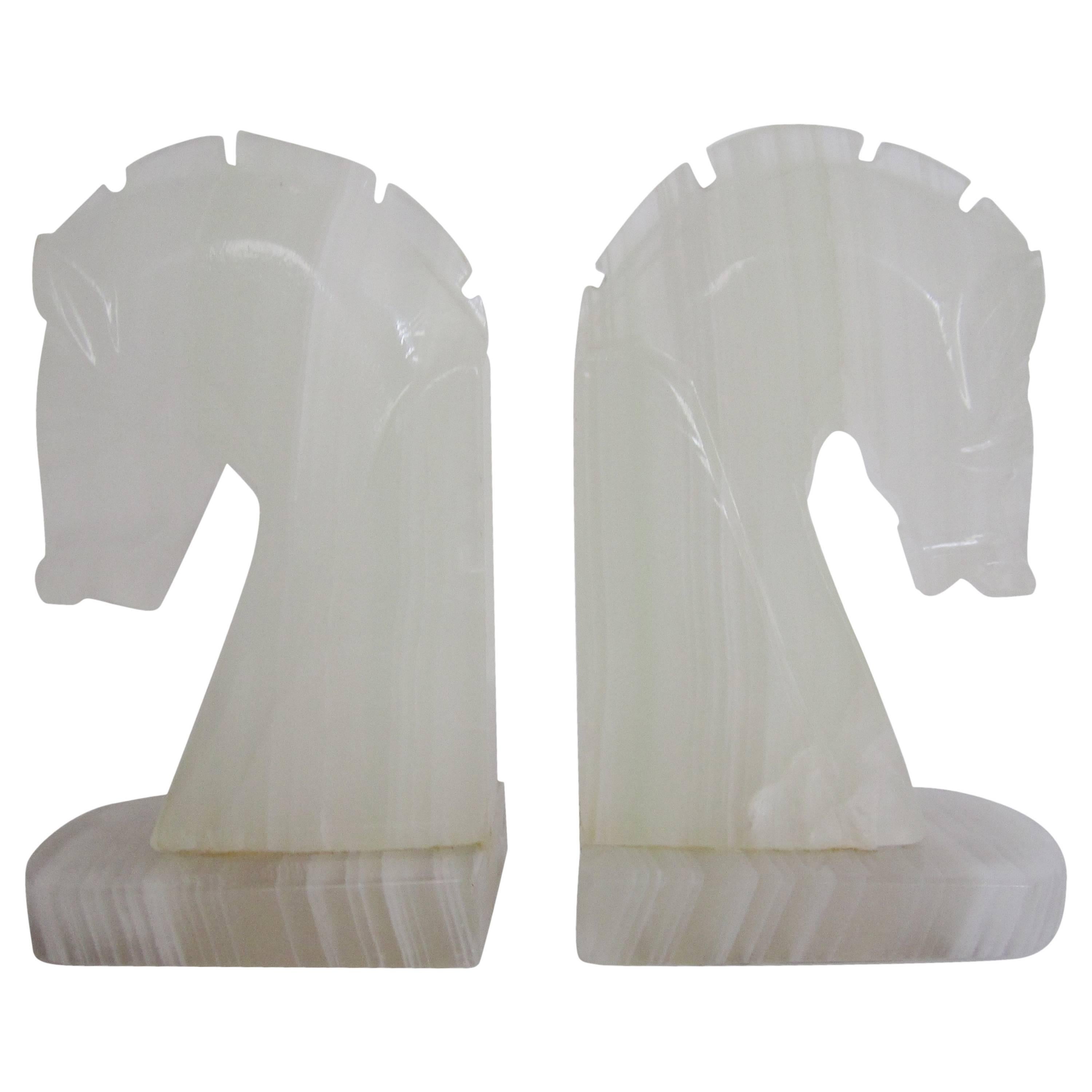 Vintage Pair of White Onyx Horse Bookends, 1970s