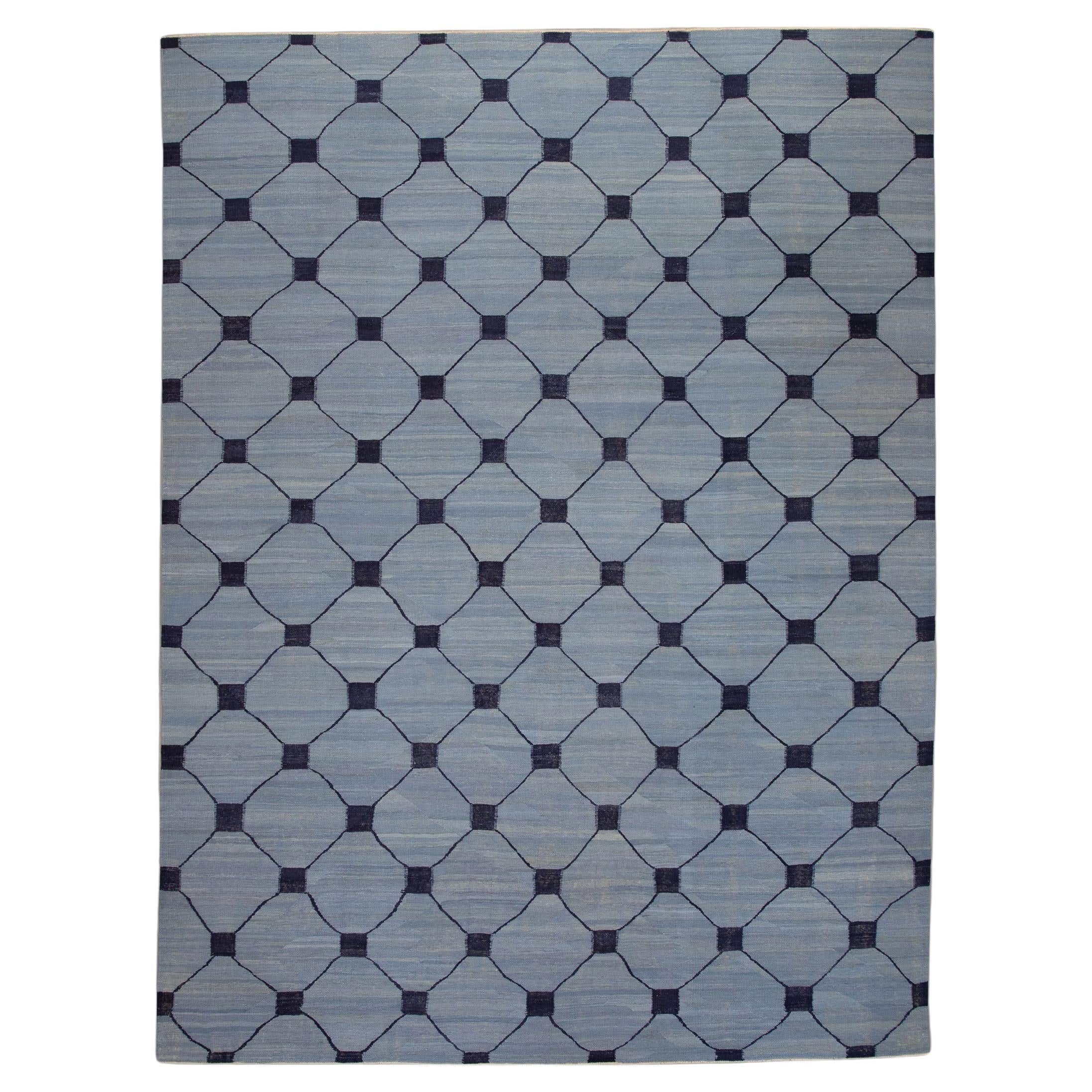Alfombra turca Kilim Azul Marino Lana Geométrica Tejido Plano 10'5" x 14'