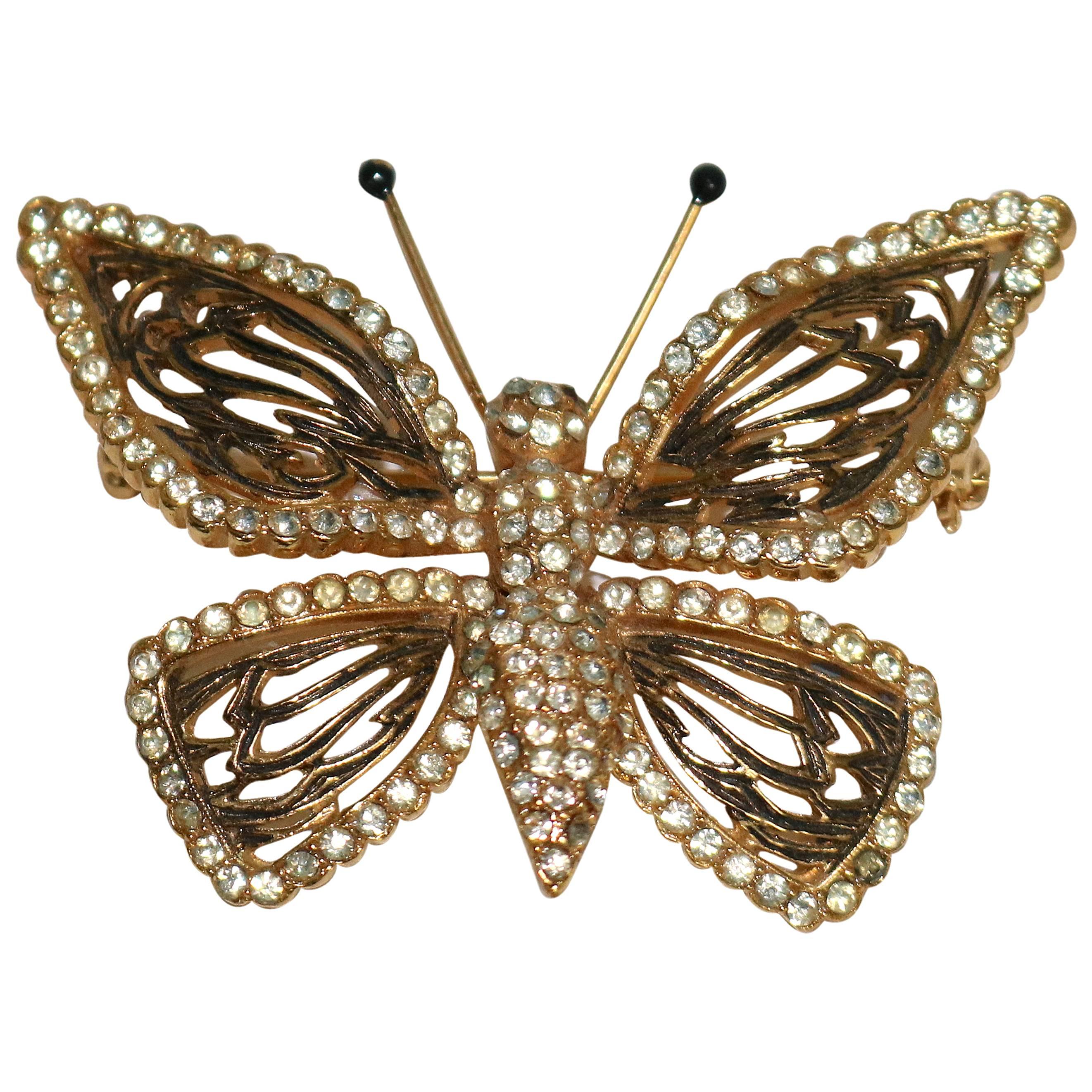 Vogue Articulated Gold Plate Butterfly Brooch Enameled and Diamante For Sale
