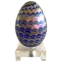 1980s Pulled Feather Painted Art Glass Egg Light on Lucite Base