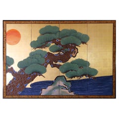 Japanese Folding Screen four Panels painted on gold leaf -Japanese Byobu