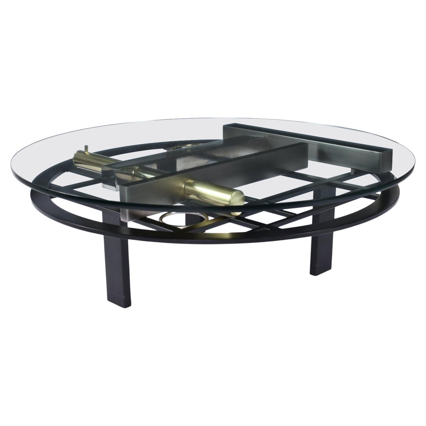Kaizo Oto, Art déco-inspirierter Couchtisch mit runder Glasplatte, Gold, Schwarz und Stahl im Angebot