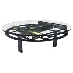 Tavolino da caffè rotondo con piano in vetro di ispirazione Art Deco di Kaizo Oto Gold Black and Steel