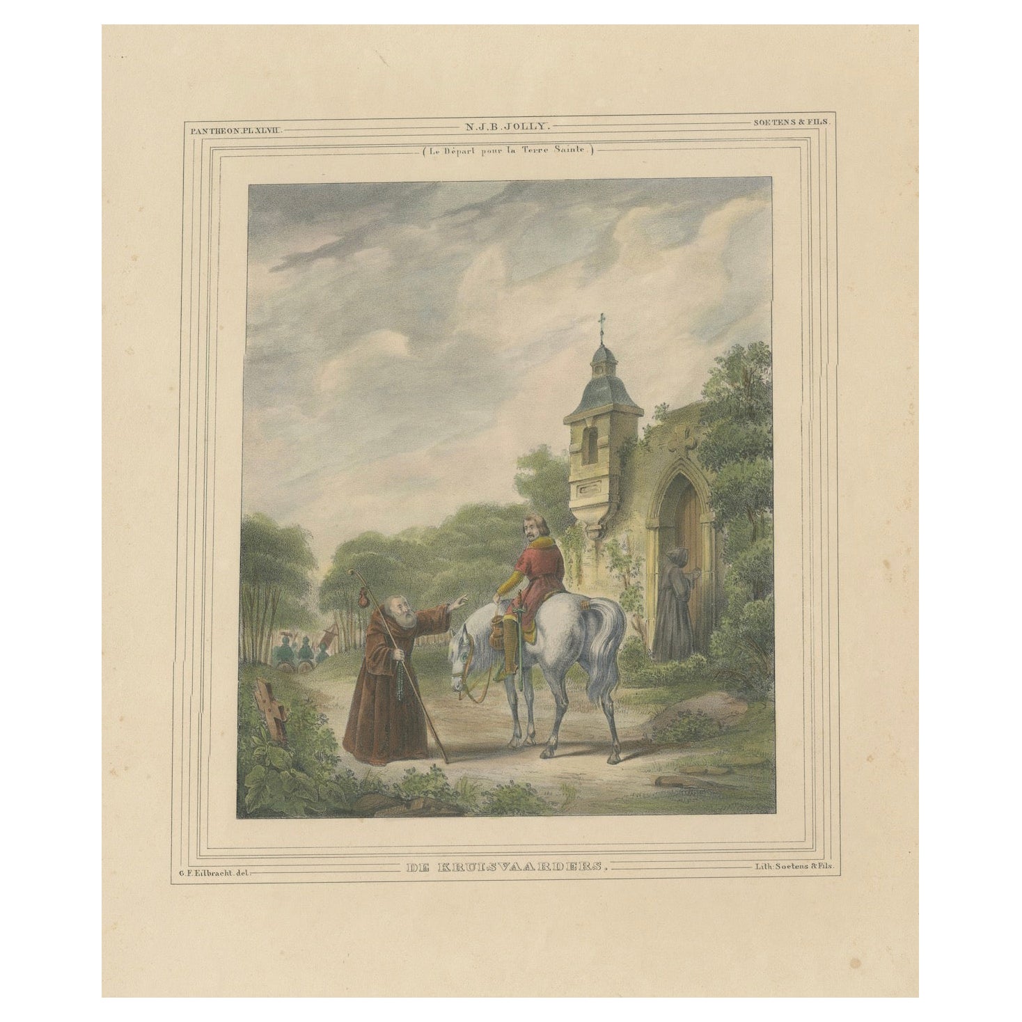 1835 Hand-Colored Lithograph: The Crusaders’ Departure for the Holy Land