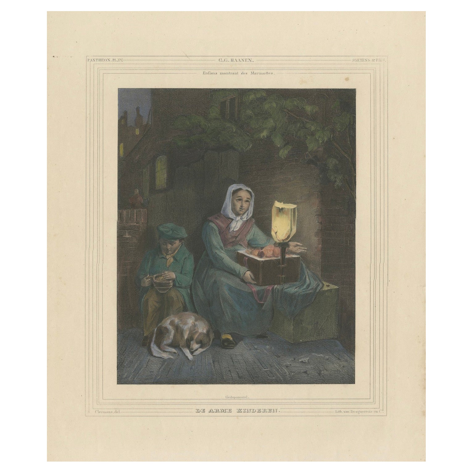 Litografía coloreada a mano de 1835: Niños pobres - Una escena de pobreza y compasión