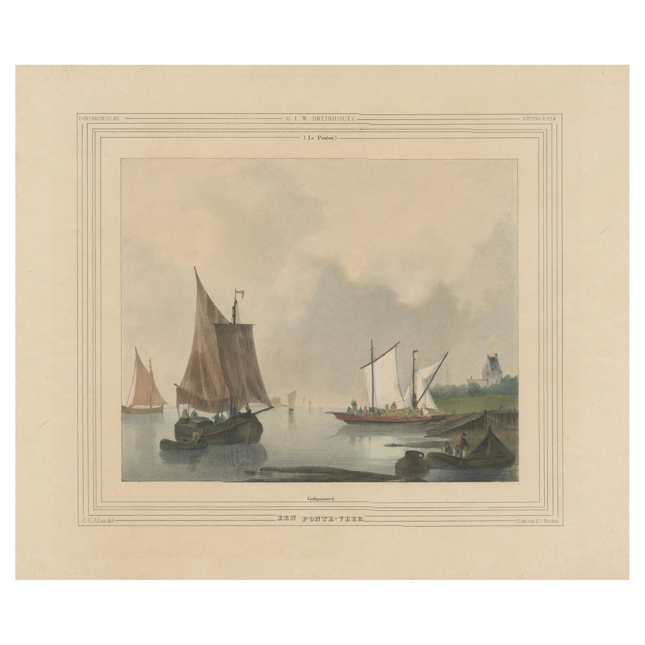 Litografia colorata a mano del 1835: Attraversamento di un traghetto - Tranquilla scena fluviale