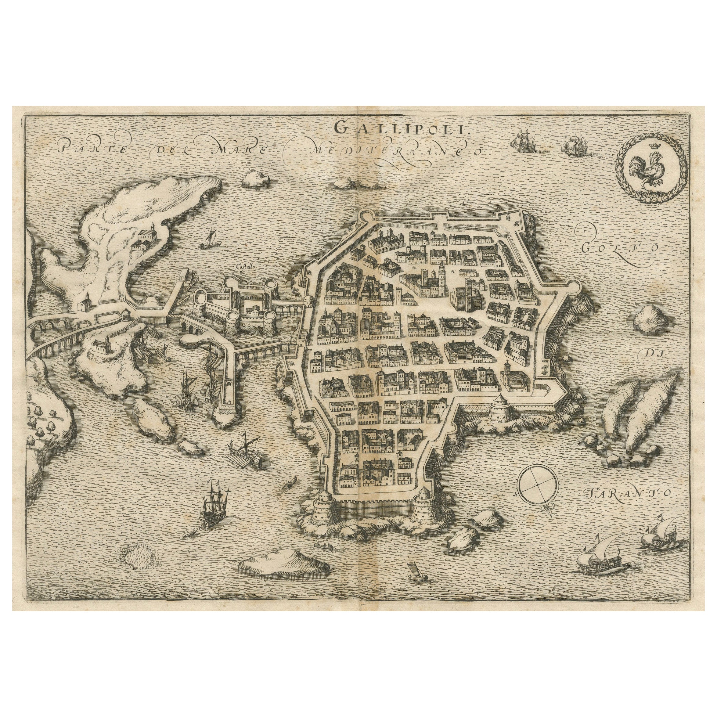 Fortifications de Gallipoli : Une carte gravée à l'œil d'oiseau de 1688 par Mattheus Merian